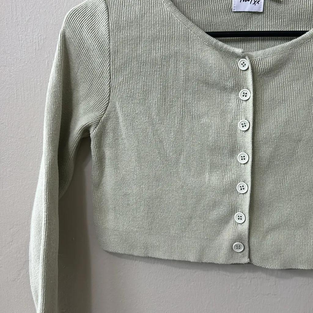 Princess Polly The Michael Top Cropped Sweater Ribbed Button Up Lime Sage Green - Image 4