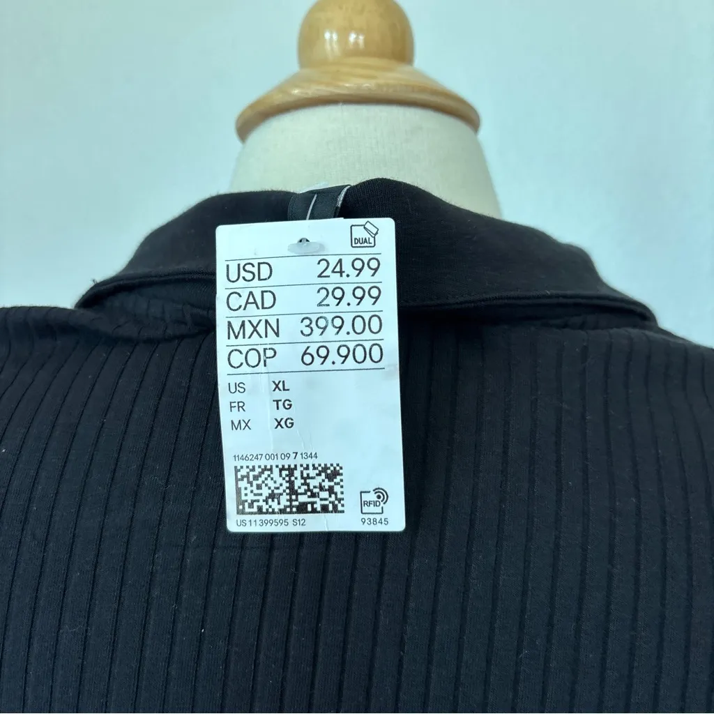 Solid Black Ribbed V-Neck Long Sleeve Collared Dress - Image 7