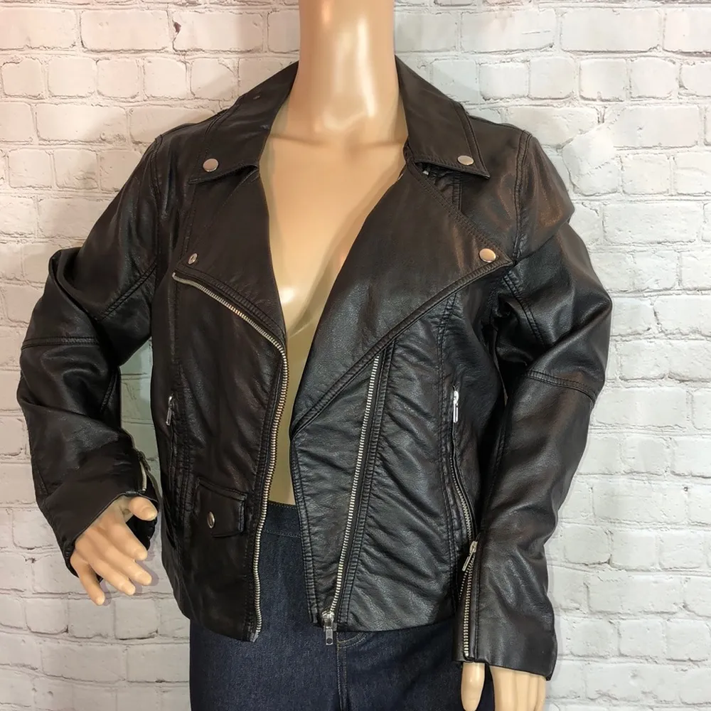 H&M Faux Leather Black Classic Style Moto Jacket Large 12 - Image 3