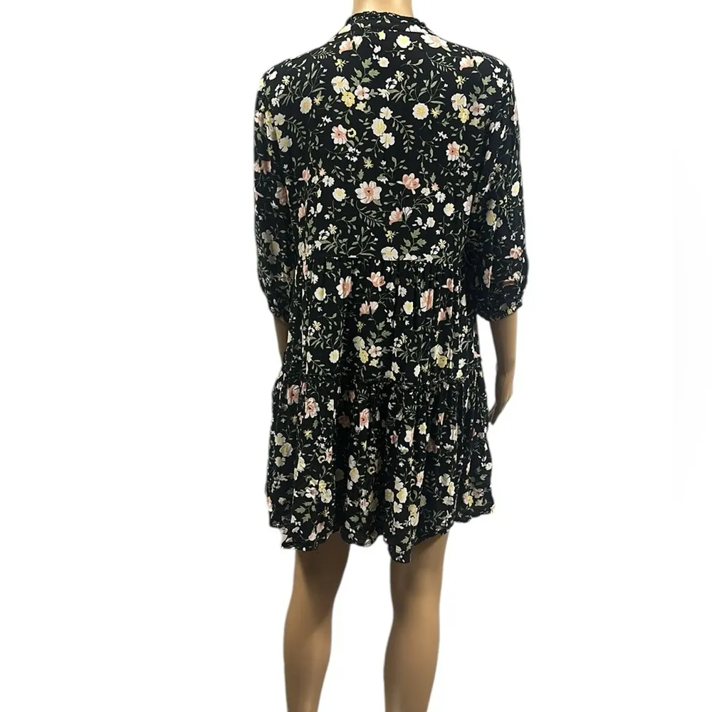 J Gee Black Floral Babydoll 3 Quarter Sleeve Half Button Up Dress Womens Small - Image 2