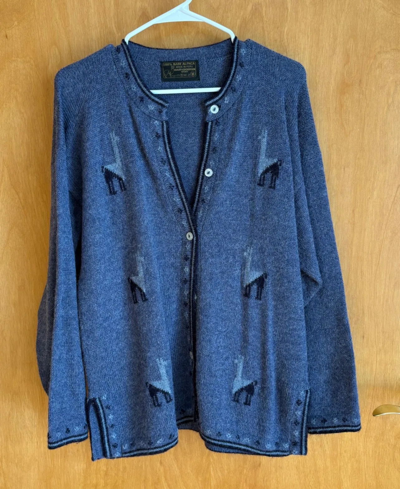 100% Baby Alpaca Cardigan Sweater Llama Pattern Blue Women's Size M Size M - Image 1