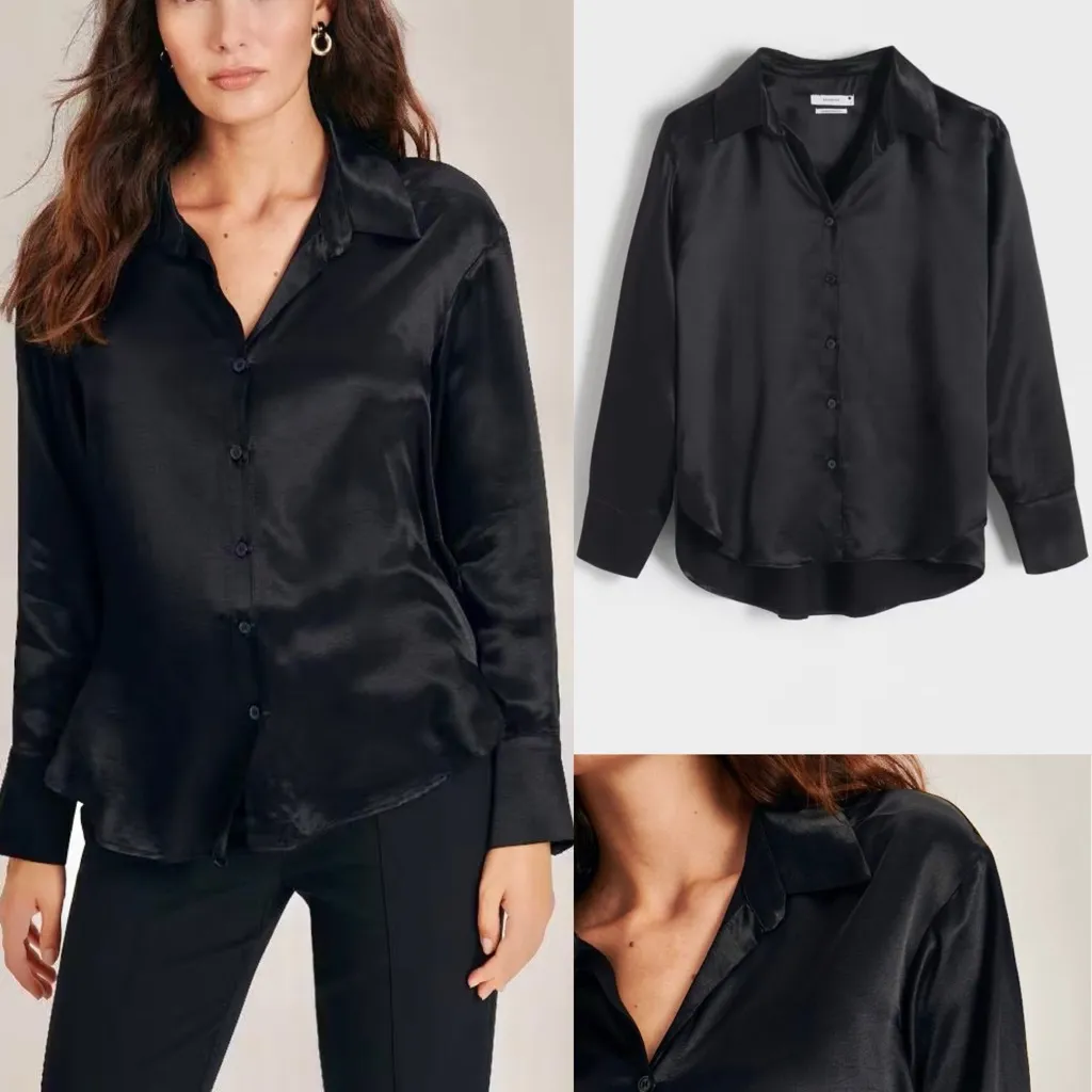 ASOS (Reserved)- black satin viscose button front collared flowy long sleeve top - Image 2