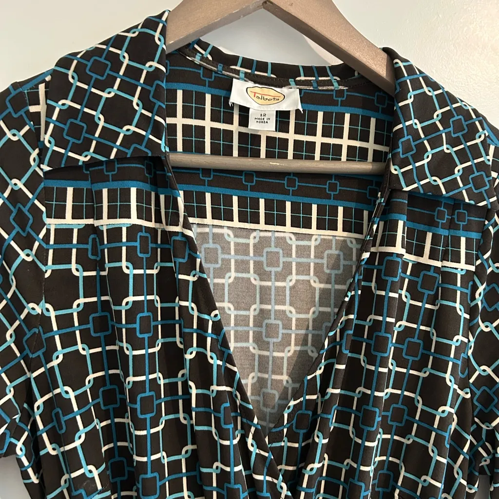 Talbots Wrap Dress Black Blue Geometric Print Size 12 - Image 2