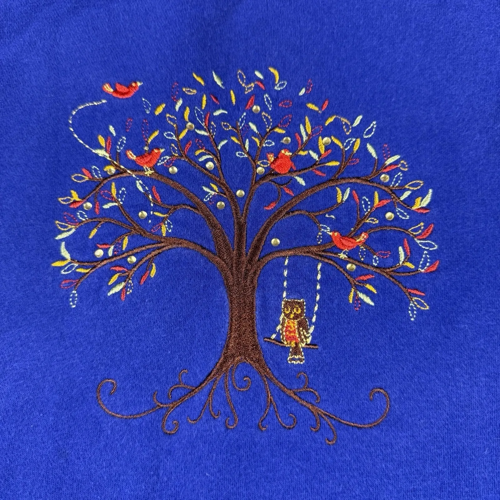 Breckenridge Cobalt Blue Sweatshirt Grandma Sweater Small‎ Tree Owl Red Birds - Image 2