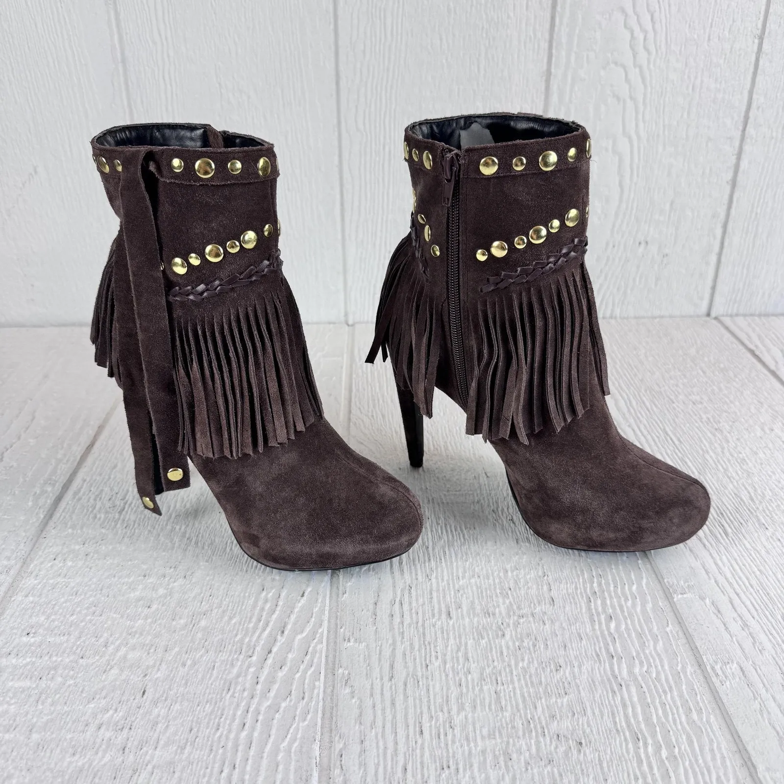 Boston Proper Boots Womens Size 9 Brown Suede Fringe Studded High Heel Booties - Image 9