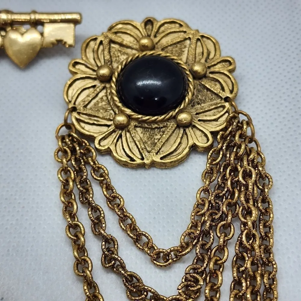 Set of 3 Vintage Gold & Black Brooches Gold - Image 5