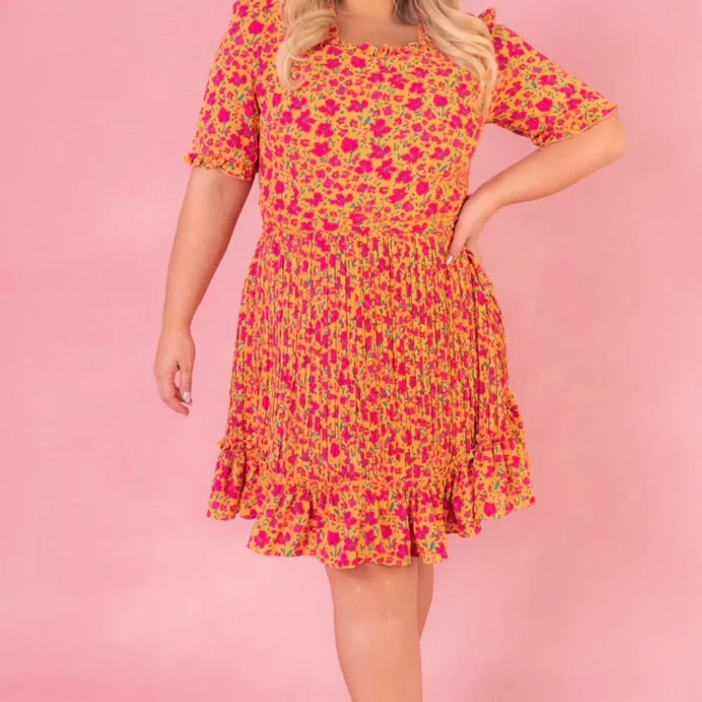 Ivy City Co Orange Pink Green Floral Print Pleated Dress - Image 9