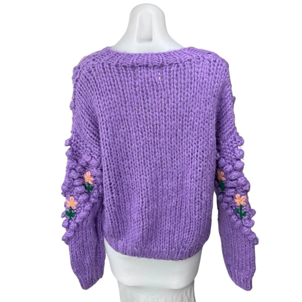Chicwish Purple Floral Crochet Knit Peasant 3D Button Up Cardigan Sweater Top S - Image 2