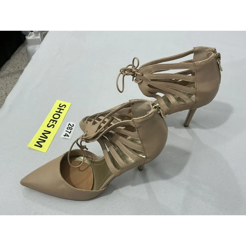 Womans Bcbg Generation Delphina Size 9 M Beige Strappy Laces Zip Heel Pumps Tan - Image 3