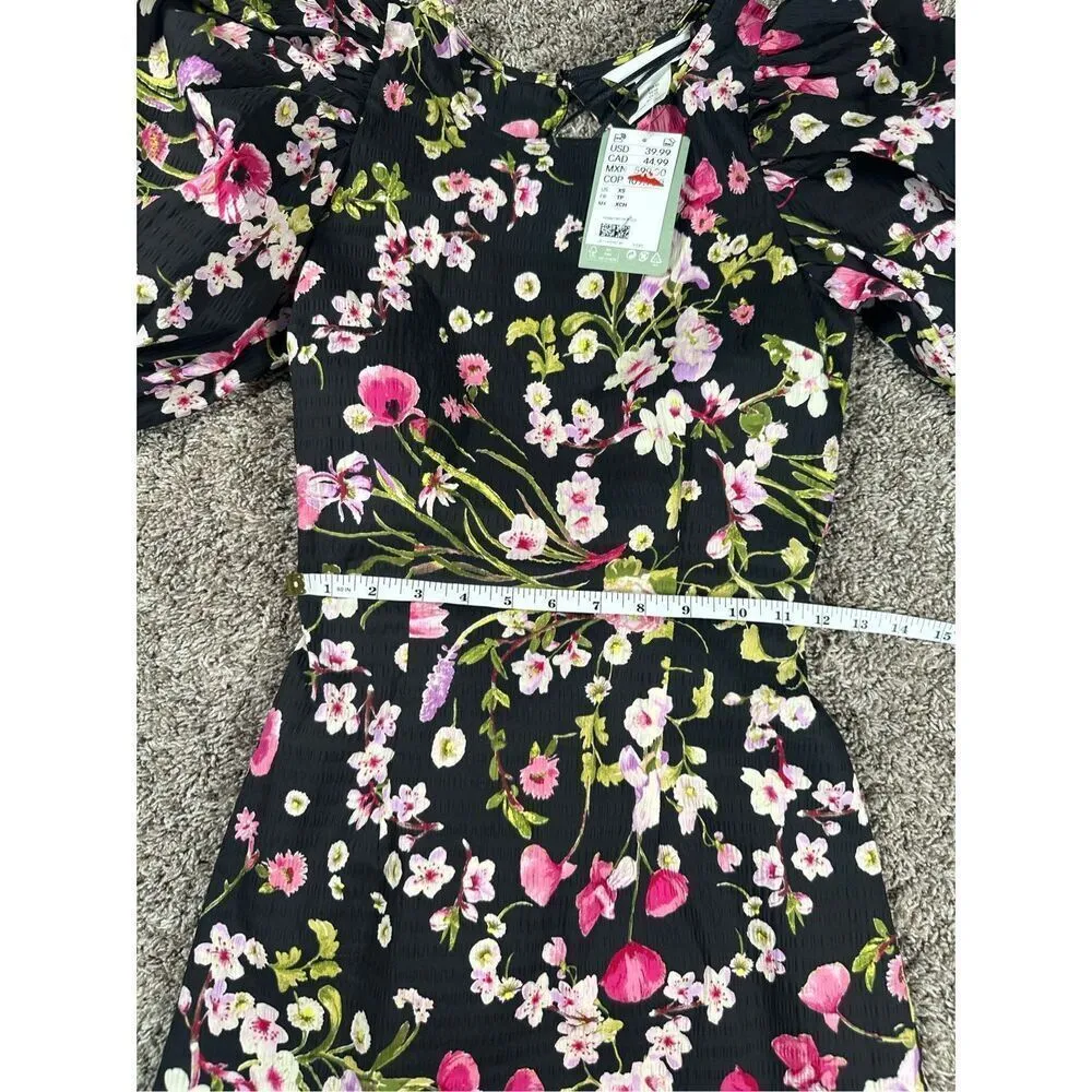NWT h&m Open Tie backed Mini Dress Puff Sleeves Black/floral XS Cottagecore - Image 7