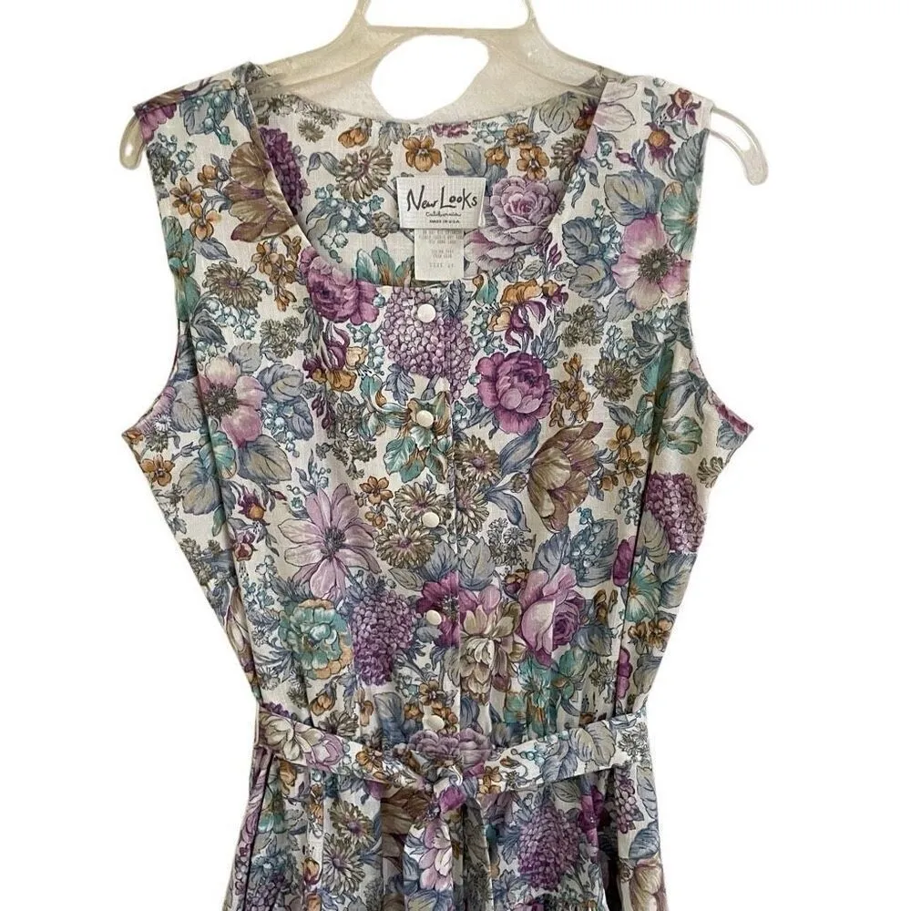 Vintage New Looks Granny floral wide strap belted sundress womens*16 Modest Boho Purple - Image 11