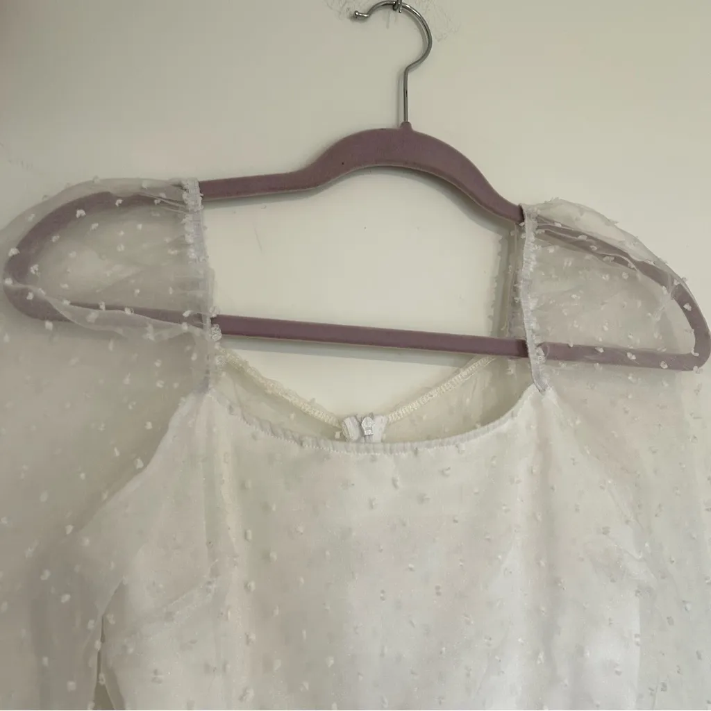 Lucy in the Sky White Sheer Long Puff Sleeve Ruched Front Mini Dress Size Medium - Image 5