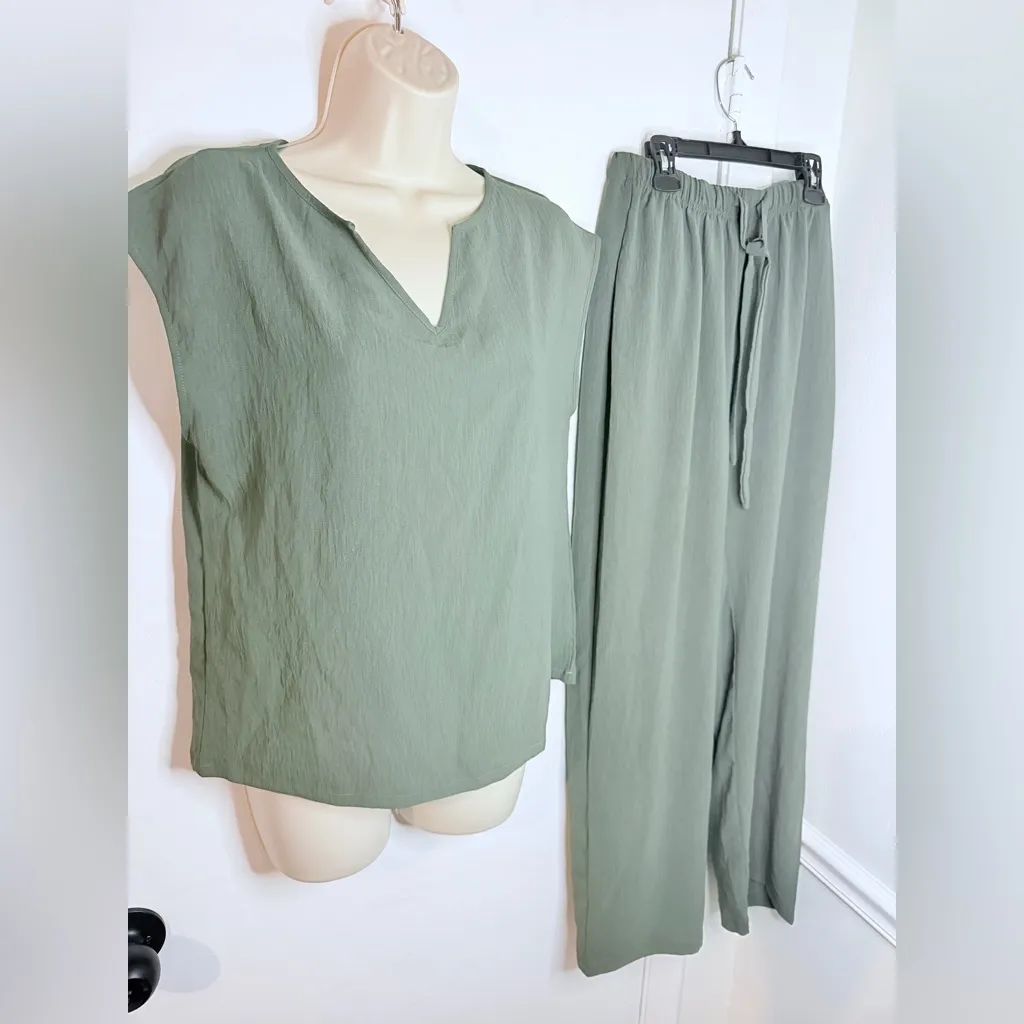 Ekouaer 2pc Lounge Set Womens M Olive Green Top & Wide Leg Pants NWT - Image 2