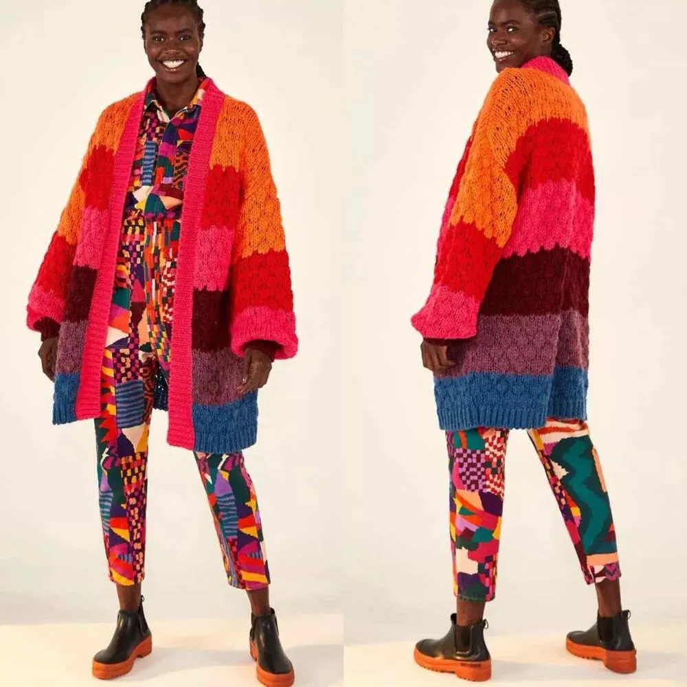 FARM RIO Striped Oversized Cardigan Multicolor Knit Puff Sleeve size XS Crochet - Image 7