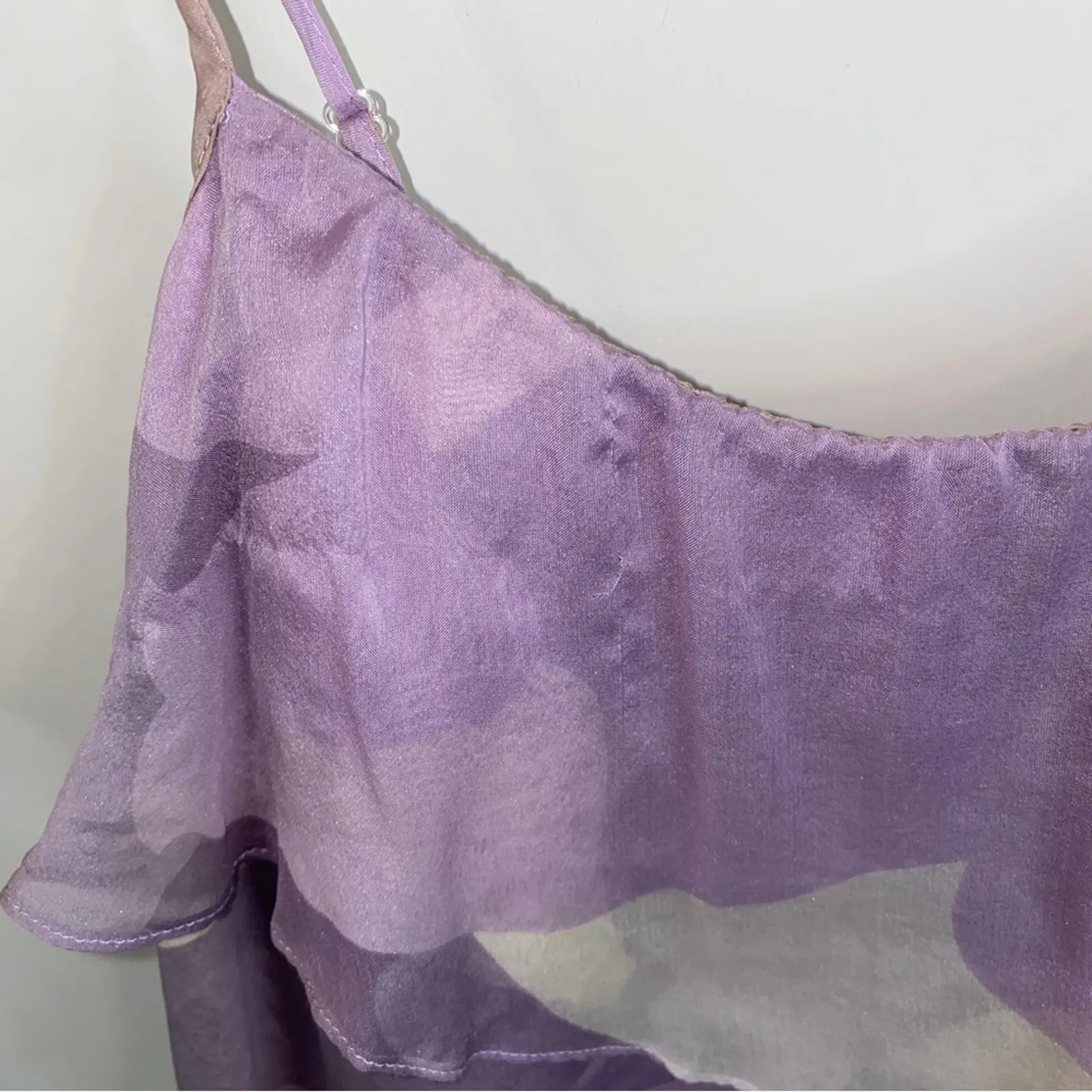 Y2K 100% Silk Boho Chic Light Purple Abstract Ruffled Tank Top Blouse Small - Image 5