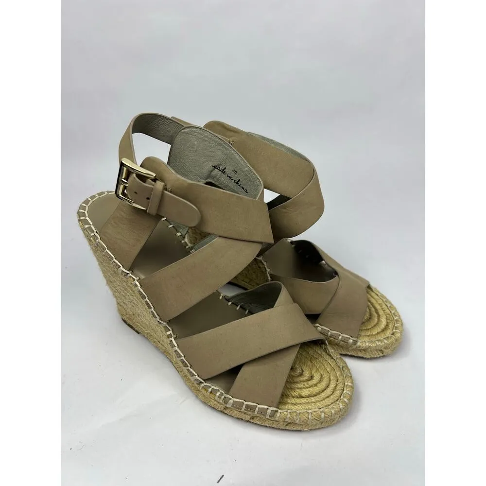 Joie Kaelyn Nude Leather Espadrille Wedge Sandals 38 Crisscross Ankle Strap Heel - Image 3