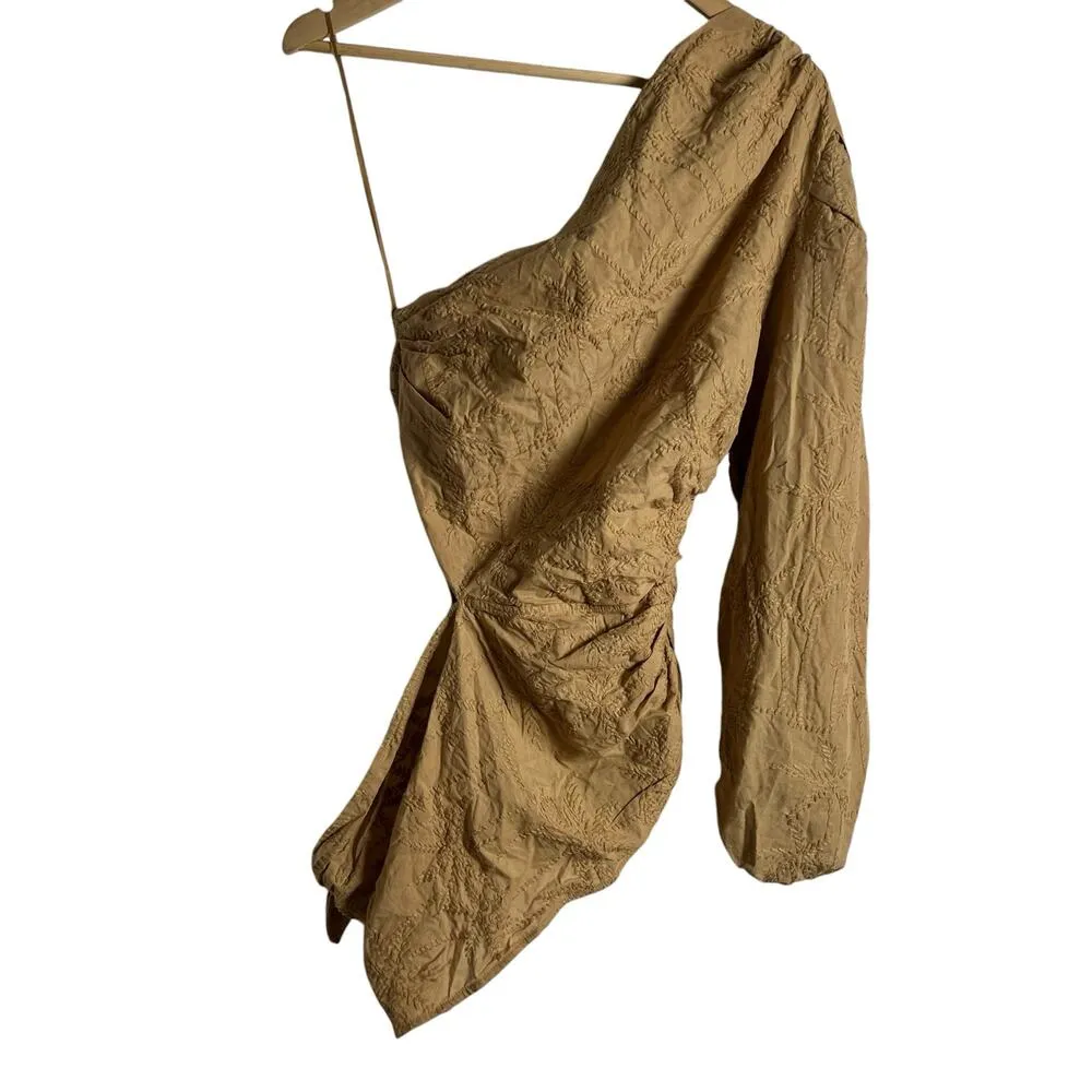 Maje Lalmeto One Sleeve Cut Out Ruched Tie Waist Tan Top Size Large - Image 11