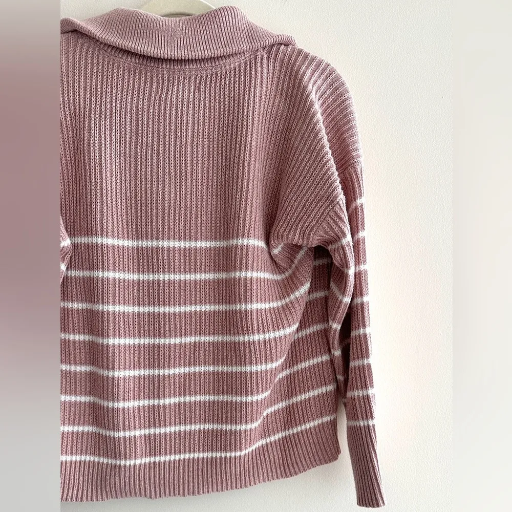 Rachel Zoe Light Pink and White Striped Ribbed Quarter-Zip Sweater, Size Small - Image 15