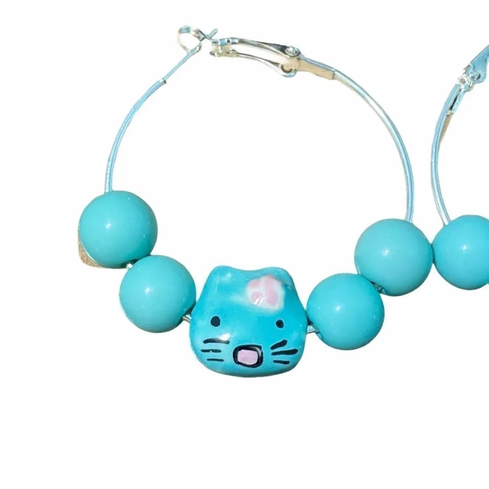 Cat Charm Beaded Hoop‎ Earrings Silver Teal Beads - Image 2