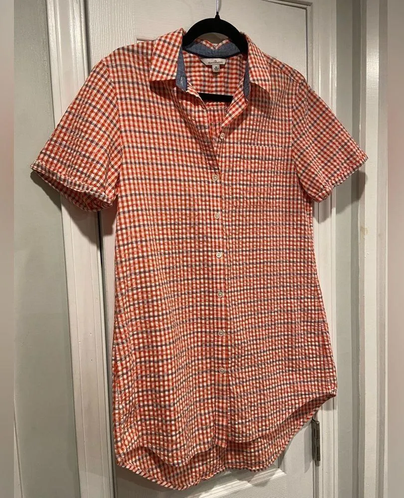 L.L. Bean Size M Red Orange Blue Short Sleeve Seersucker Button Down Mini Dress Size M - Image 3