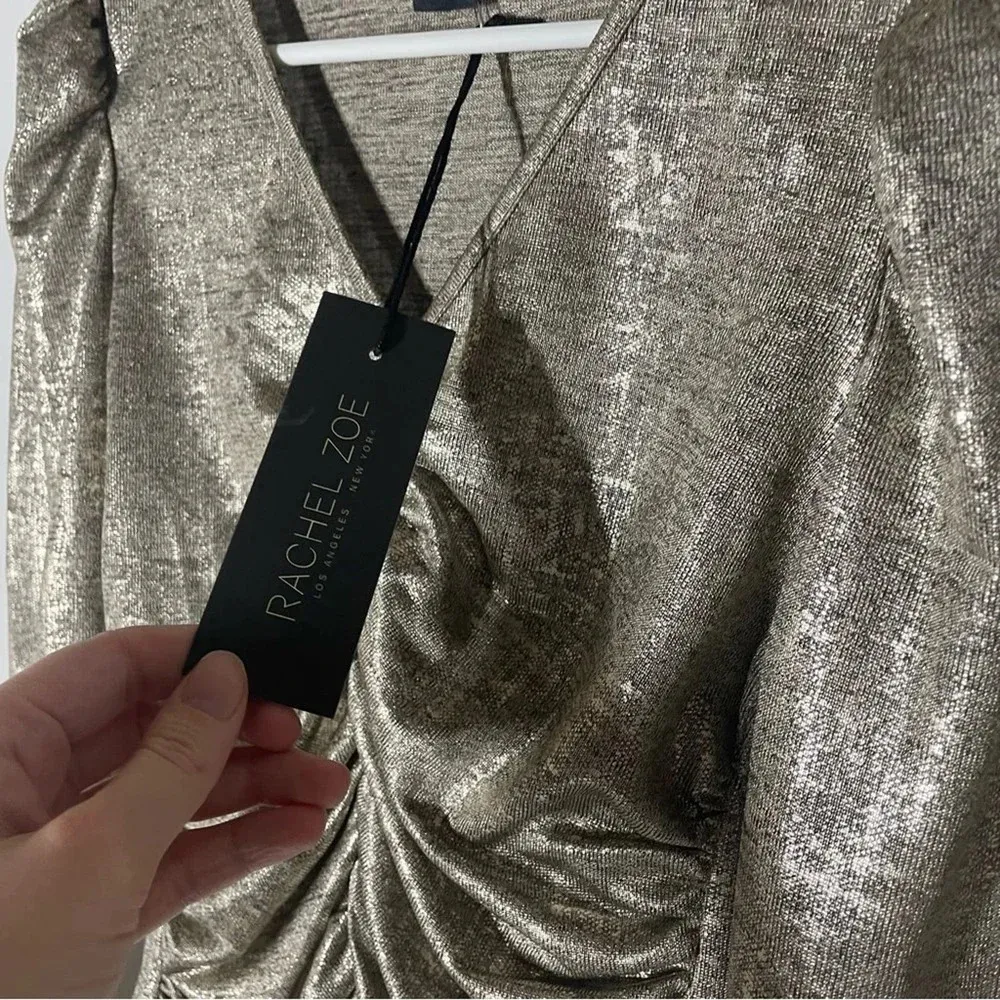 Rachel Zoe Metallic Silver Ruched Long Sleeve Blouse Size Small - Image 3