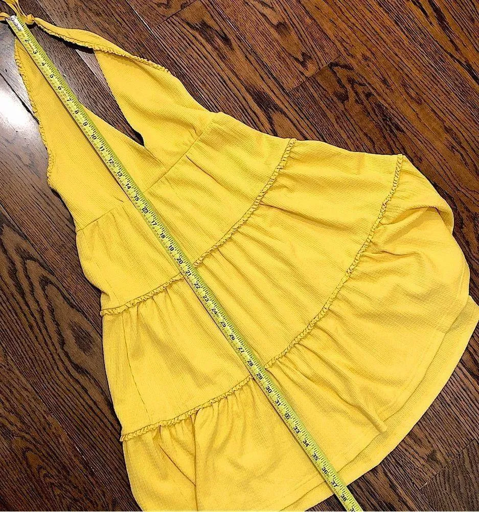 BESTEY JOHNSON Boho Yellow Halter Dress w Tiered Layered Skirt Sz Small - Image 4