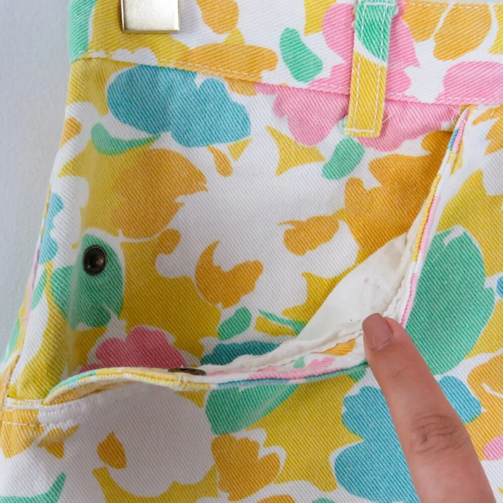 1990s Vintage Union Bay Yellow Pastel Floral High Rise Denim Mini Skirt 26" - Image 9