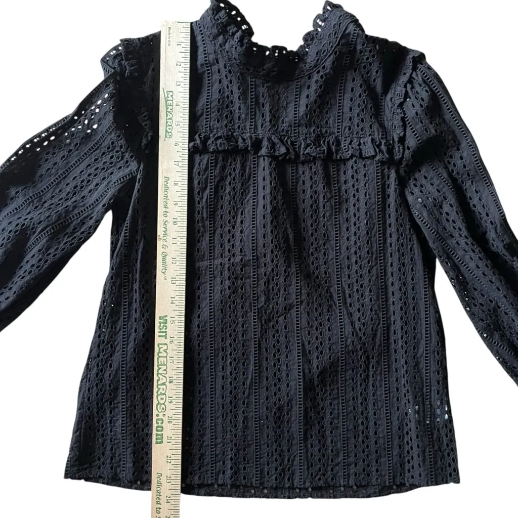 Madewell Black‎ Lace Ruffle Blouse Eyelet Mockneck Ruffle Tie Back Size XS - Image 8