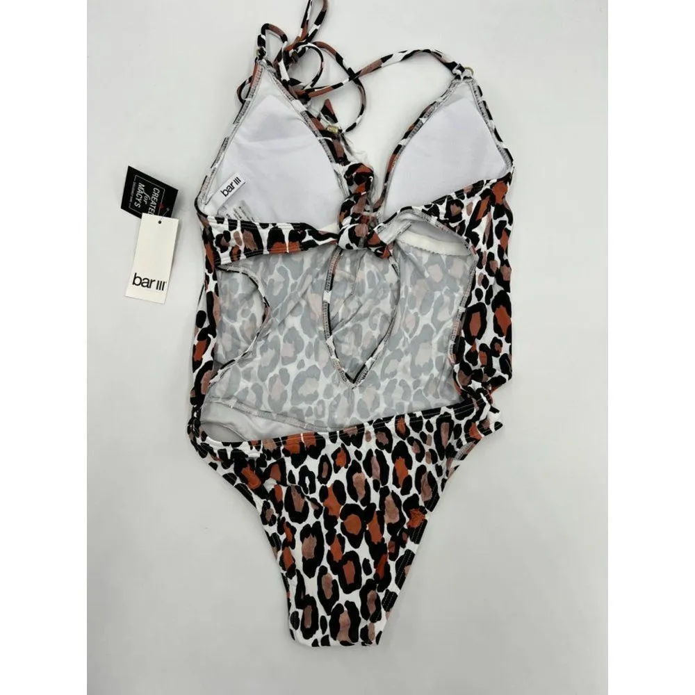 Bar III Leopard Print High‎ Cut Deep V Neck One Piece Swimsuit Black/Tan Size XS - Image 2