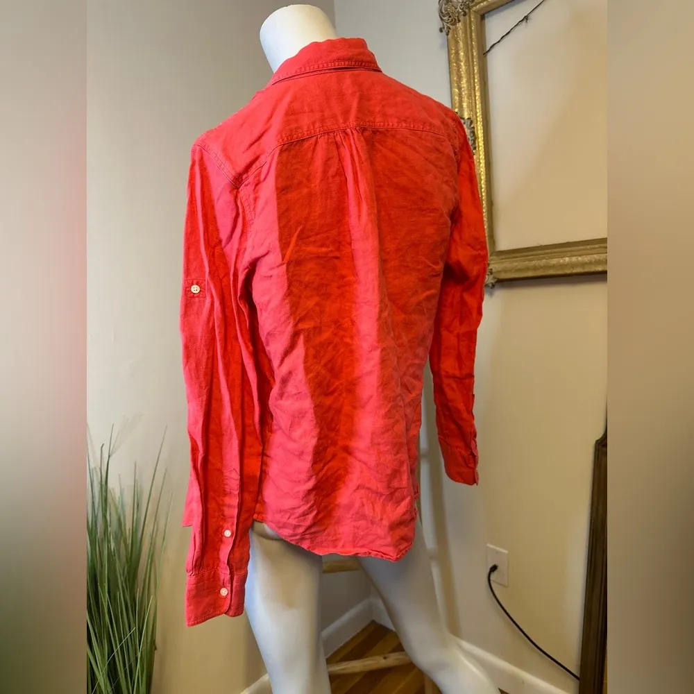 Lauren Ralph Lauren Shirt Small 100% Linen Button Up Long Sleeve Red/Orange - Image 4