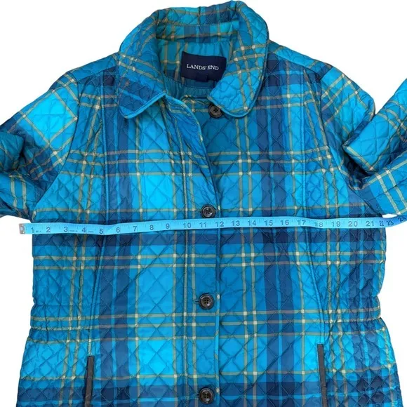 Lands End Quilted Plaid Barn Jacket Women Size L/T 14-16 Blue Gold Outerwear EUC - Image 5