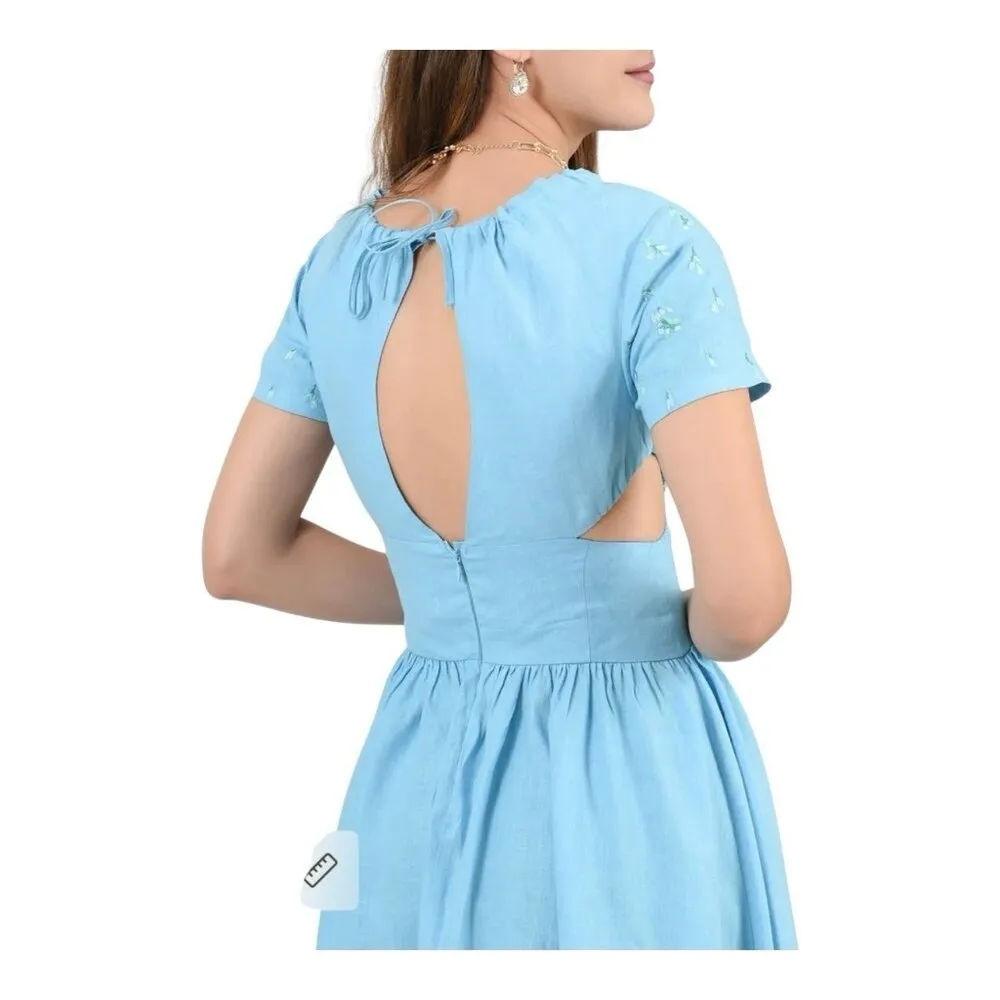 Fanm Mon Tucce Linen Midi Dress Small Baltic Sea Blue Open Sides Keyhole Back - Image 4