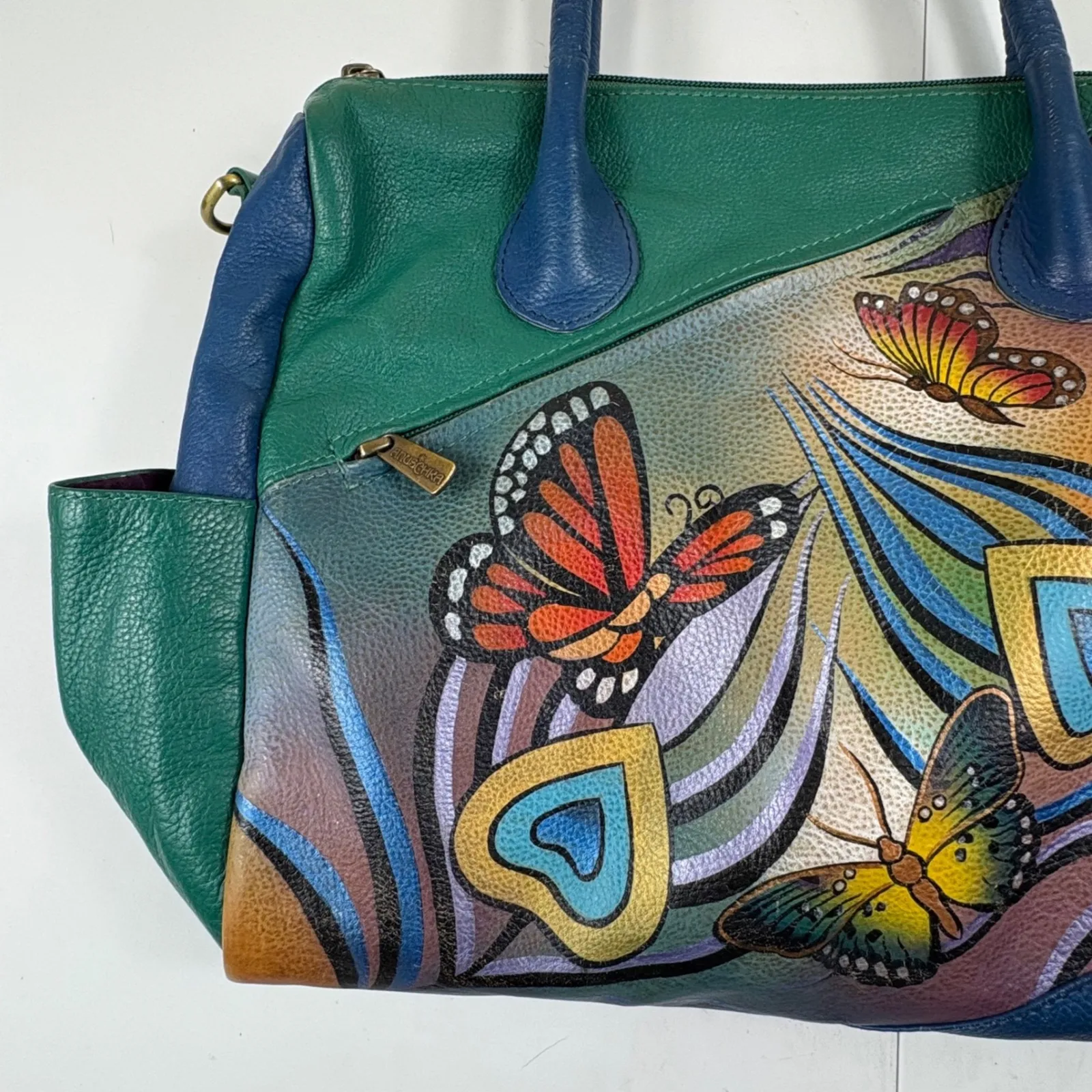 Anuschka Hand Painted Leather Shoulder Bag Butterfly Floral Satchel Tote - Image 4
