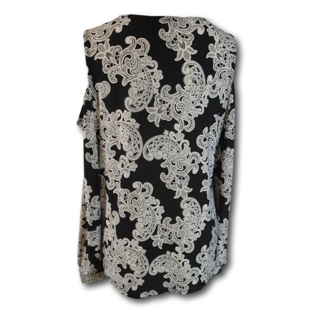 INC Womens Black Gray Floral Cold Shoulder Scoop Neck Pullover Top Size: L - Image 2