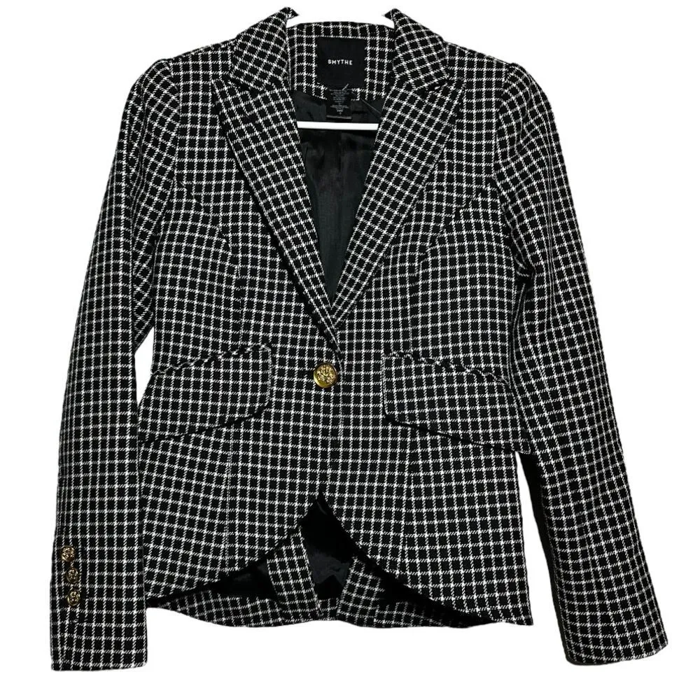 Smythe One Button Equestrian Blazer Jacket Wool Notch Lapel Window Pane Black 0 - Image 2