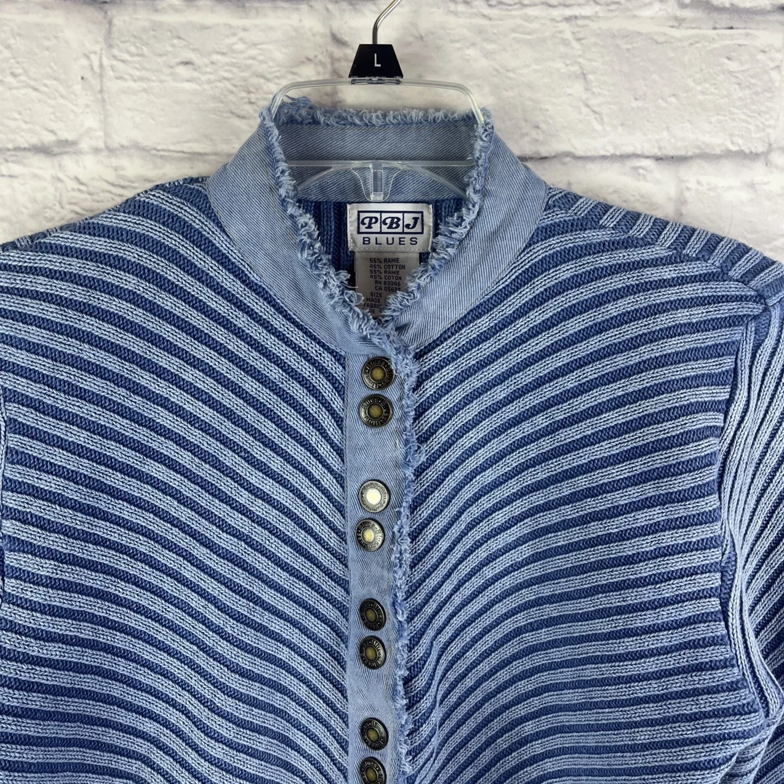 PBJ Blues Artsy Boho Festival Diagonal Stripe Snap Sweater Jacket Size Large Blue - Image 2