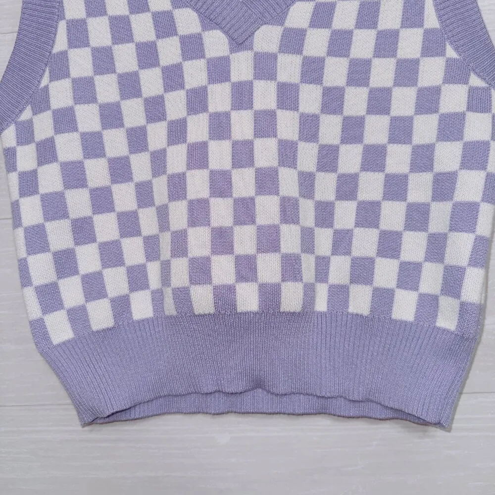 Love Tree Women's Purple White Checker Print Sleeveless Sweater Vest size small - Image 4