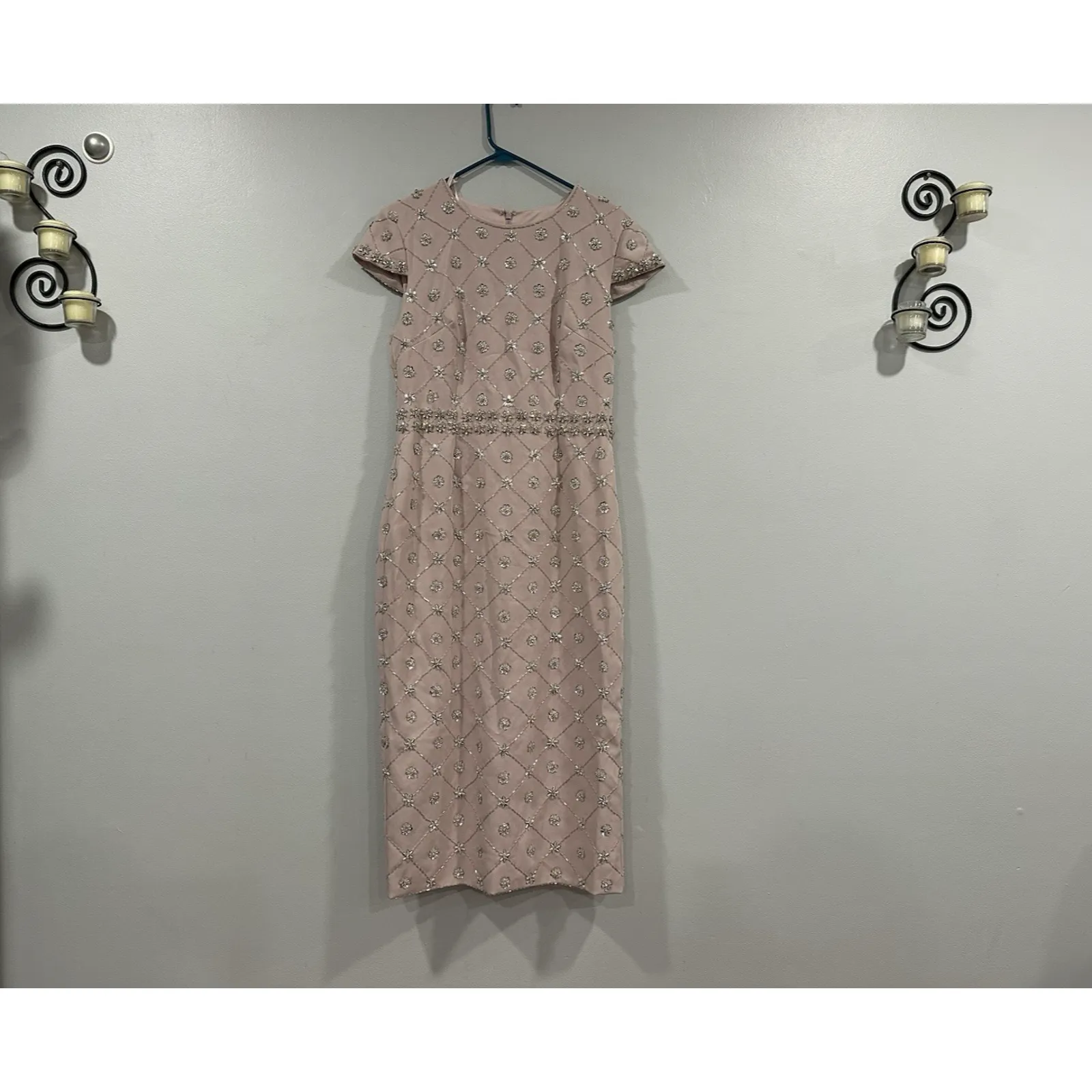 Mac Duggal 2234 Pink Hand Embellished High Neck Midi Dress Sz 8 NEW - Image 2