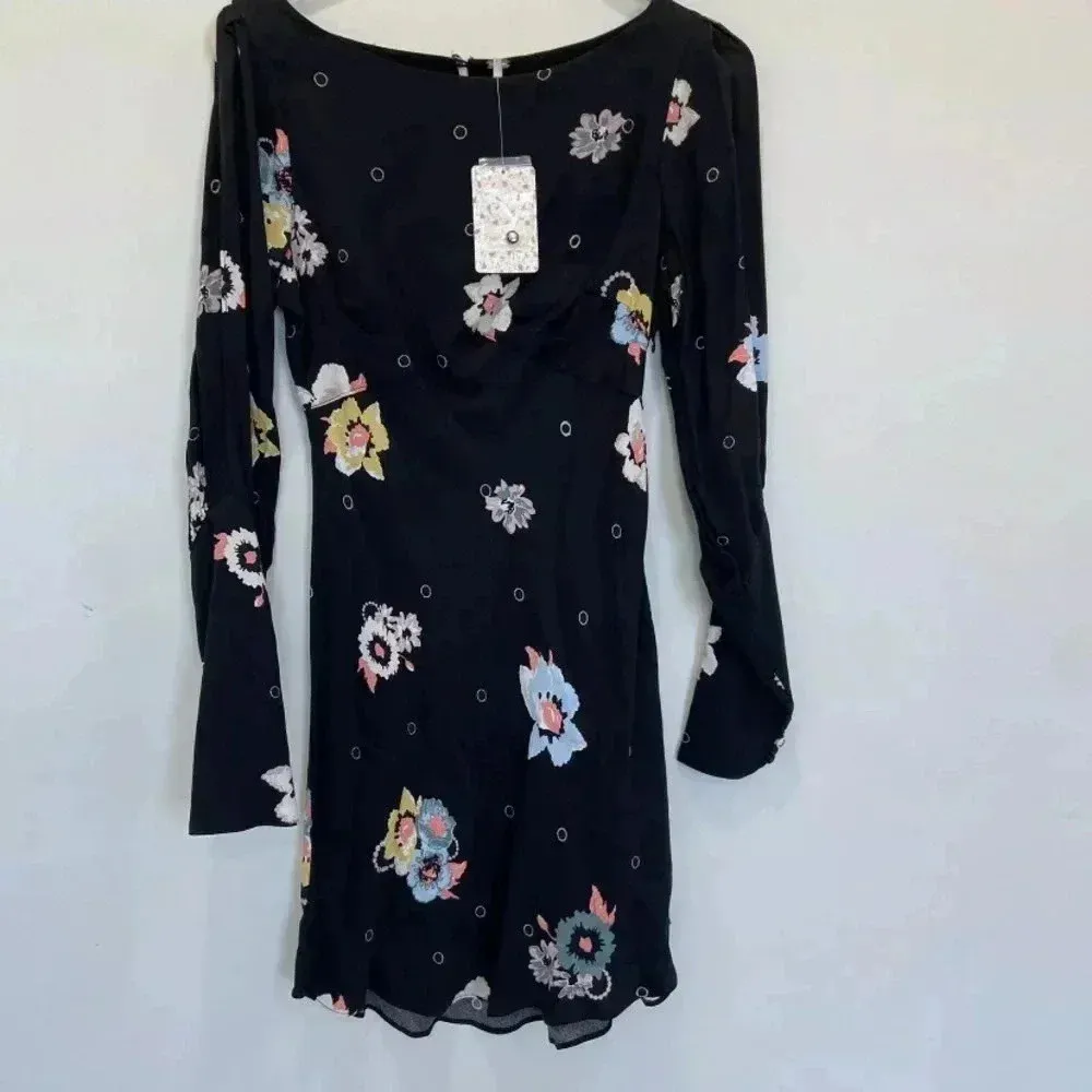 Free People Women Dress Split Sleeve Floral Mini Long Sleeve  Black Size 0 - Image 2