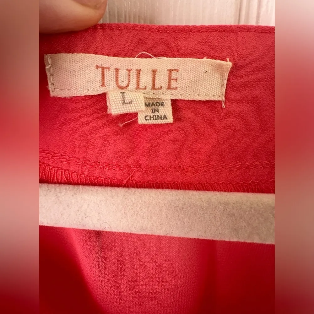 Tulle Shirt Womens Large Coral Short Sleeve Blouse Sheer Gathered Back Flowy Pink - Image 3