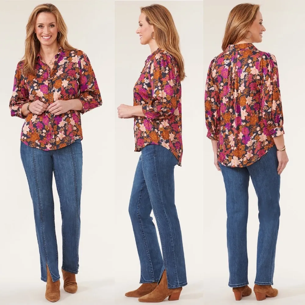 Democracy Blouson Sleeve Button Down Pleated Floral Woven Shirt‎ Sz 2X Bohemian - Image 13
