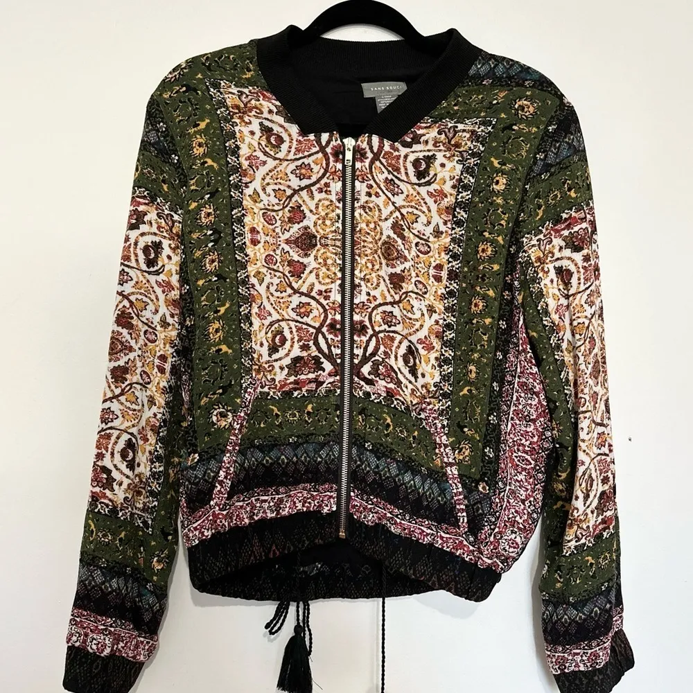 Sans Souci Floral Print Bohemian Gauze Bomber Jacket Size small - Image 3