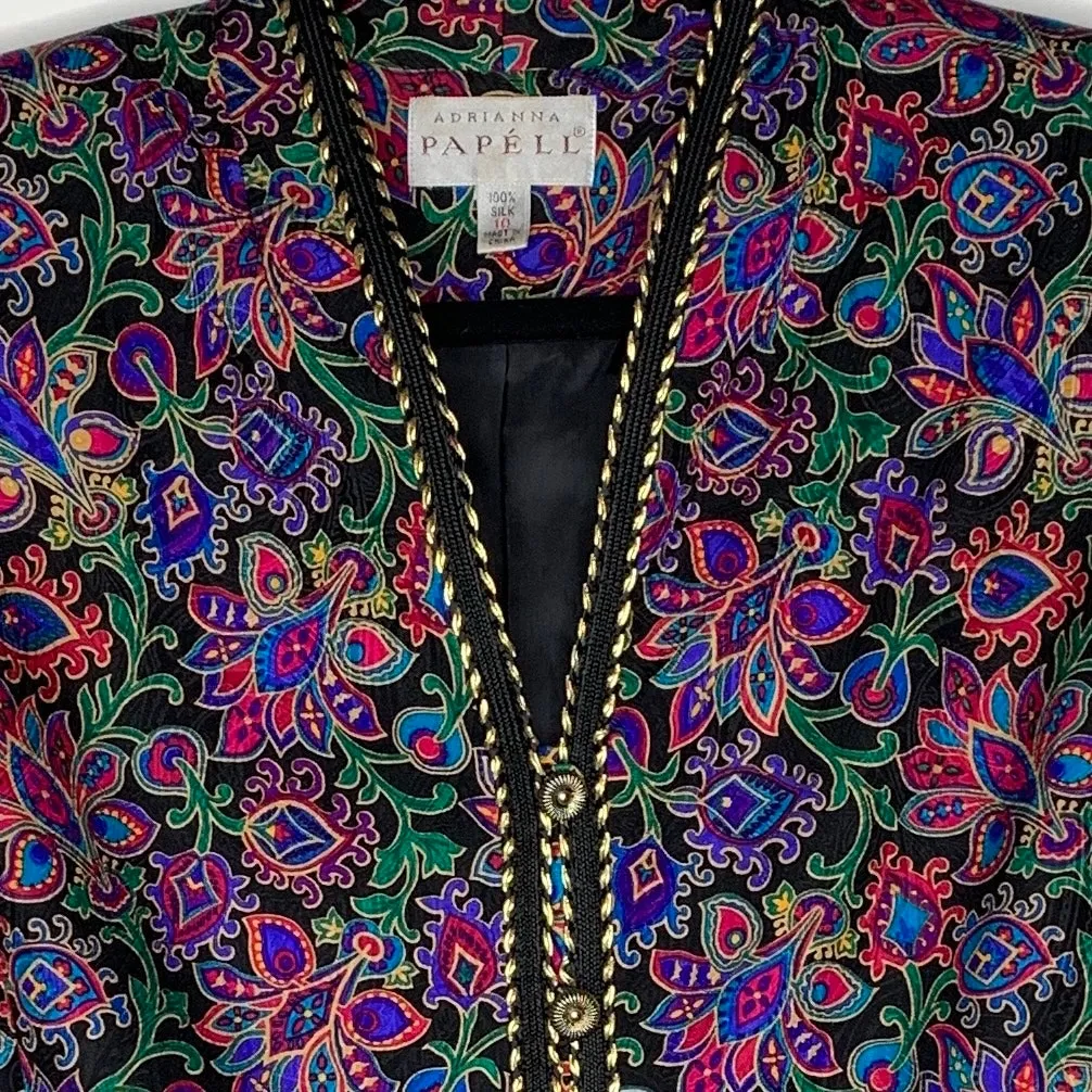 Vintage Adrianna Pappell 100% SIlk Jacket Paisley Pattern Jewel Tones Size 10 - Image 2
