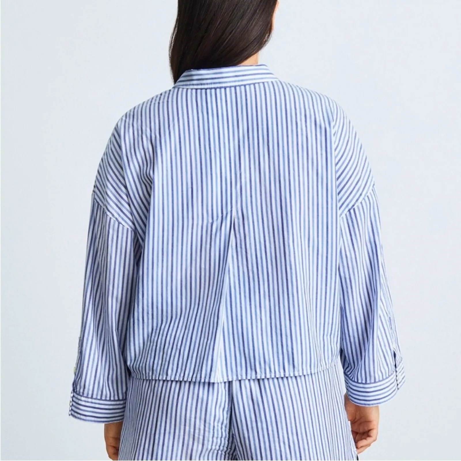 Everlane Cotton PJ Boxy Crop Button Front Blue‎ & White Striped Long Sleeve Top - Image 2