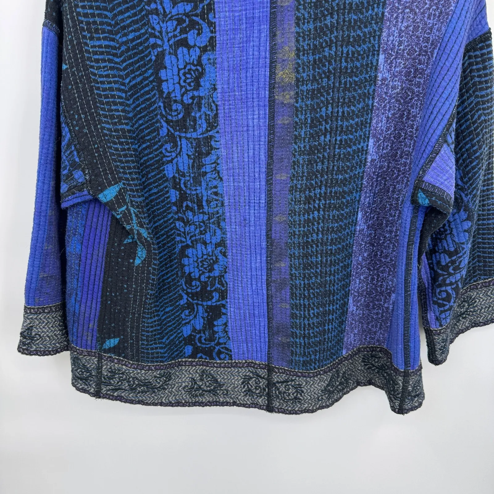 JOHN MARK Bohemian Patchwork Kimono Jacket Womens Small Blue Black Pockets - Image 9