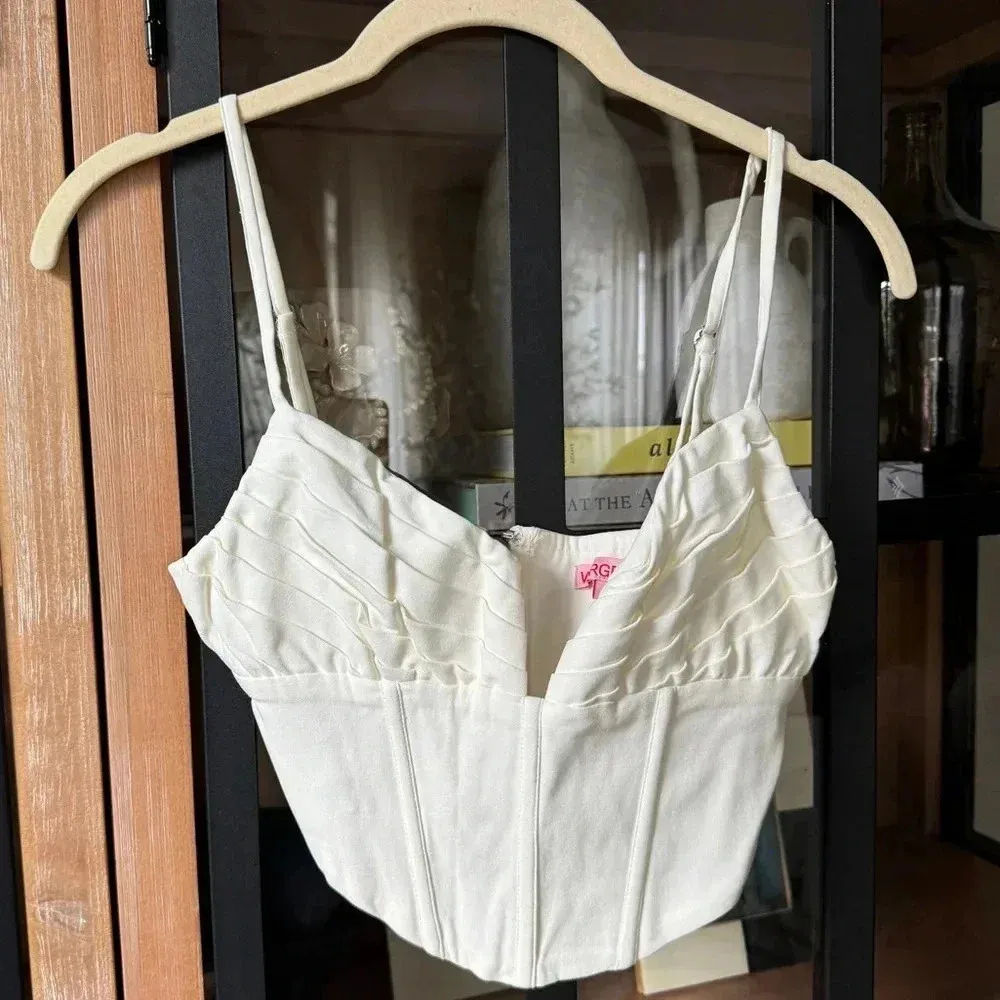 Verge Girl corset crop top v boning cream adjustable sleeveless sexy halloween - Image 2