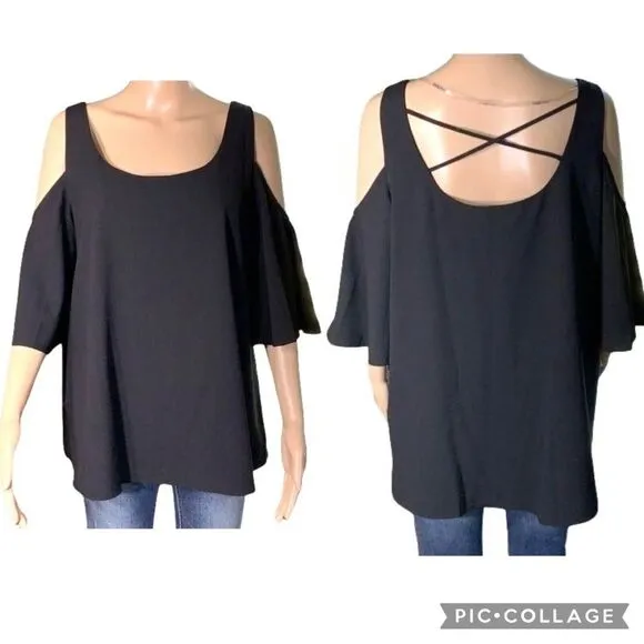 Nygard Womens Blouse Top Cold Shoulder Crisscrossed Back Black Pullover Medium - Image 2