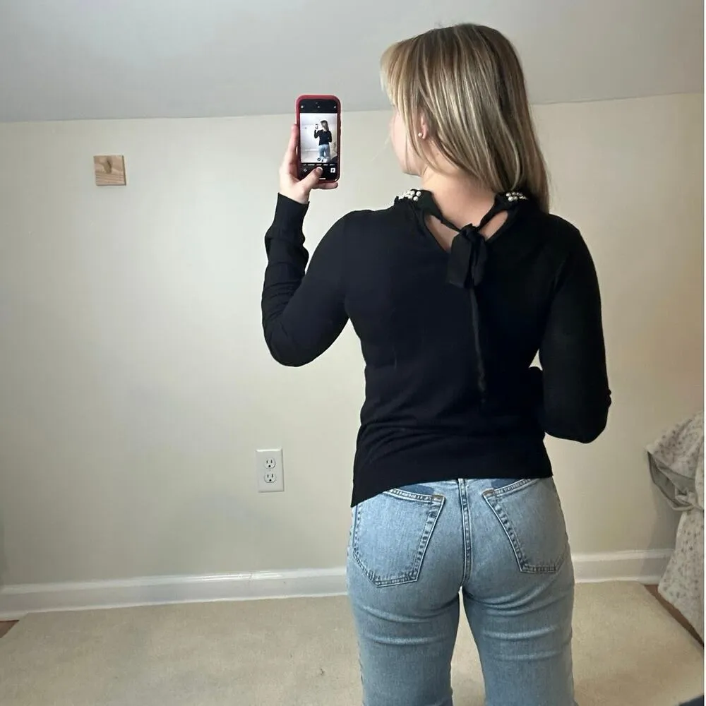 Zara: Black Ruffle Pearl Neckline Sweater - Image 3