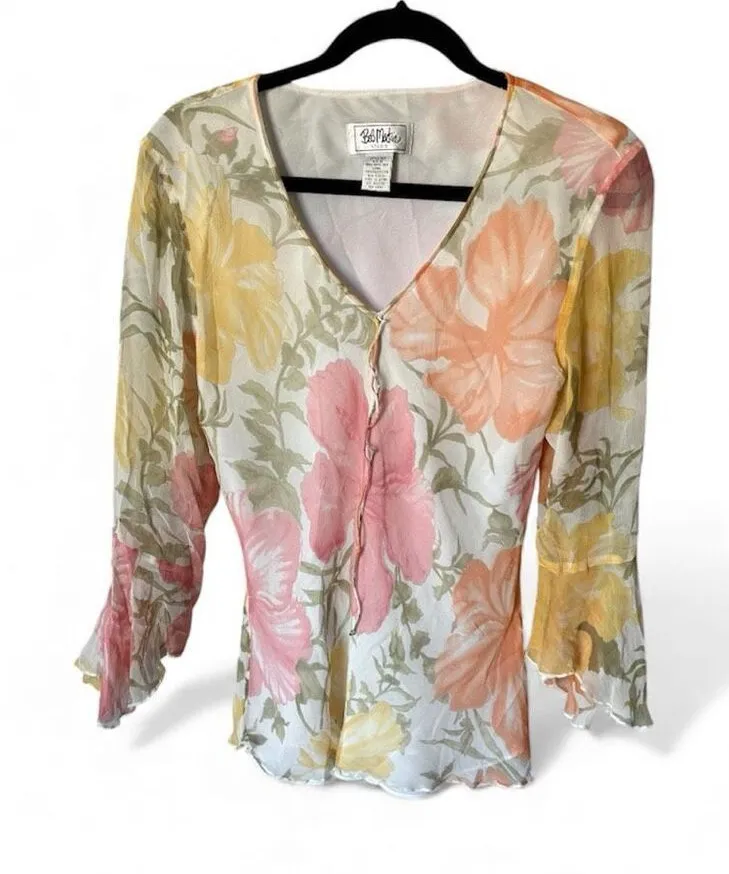 VTG Y2K Bob Mackie Silk Floral Flutter Sleeve Top Size 10 Fairycore Watercolor - Image 1
