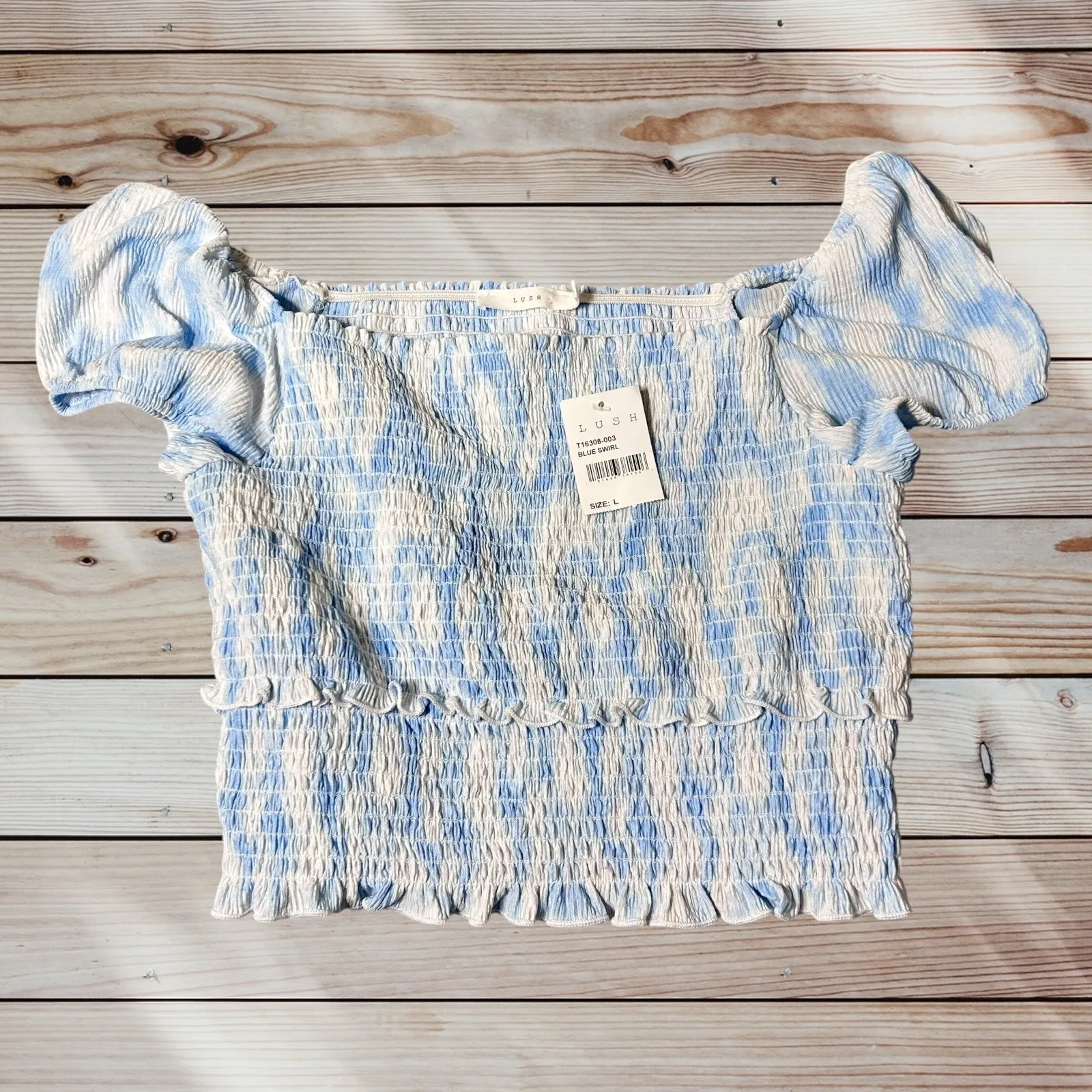 New Lush Smocked Crop Top Womans L Blue Swirl Puff Sleeve Tie Dye Summer Top‎ - Image 2